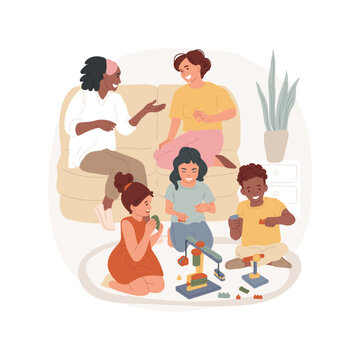 Playdate at home isolated cartoon vector illustration. Playdate with peers, children play, parents having conversation, families home meeting, socialization for homeschoolers vector cartoon.