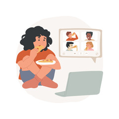 Virtual pizza party isolated cartoon vector illustration. Child eating pizza and talking to friends on video, virtual meet up for students and staff, leisure time, school program vector cartoon.