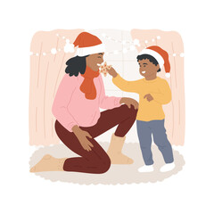 Delicious cookies isolated cartoon vector illustration. Little kid feeding his mom with delicious Christmas cookies, family time on winter holidays, festive days at home vector cartoon.