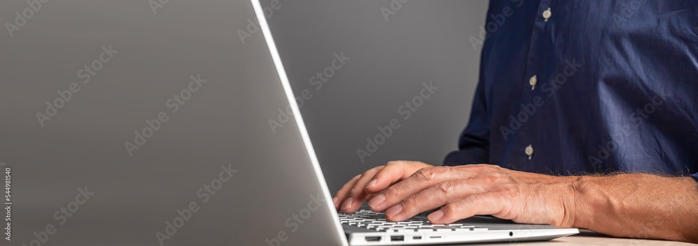 Poster Hands at laptop keyboard on ad banner with copy space. Office work with background for text