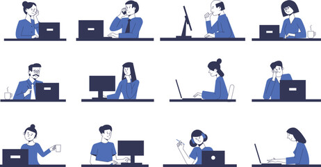 Set of office workers working at computers. Clerks, accountants, managers. Vector characters.