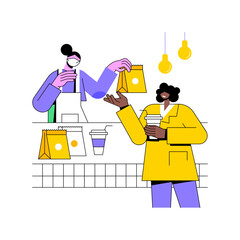Make an order isolated cartoon vector illustrations. Woman in mask making order at a restaurant, curbside pickup service, buying food and drinks, coronavirus pandemic times vector cartoon. - obrazy, fototapety, plakaty