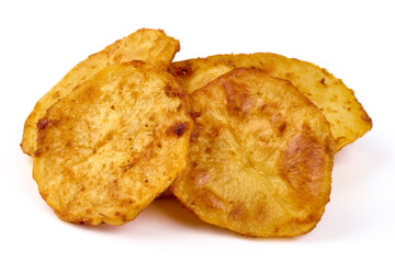 Fried Potato slices, isolated on white background. High resolution image.