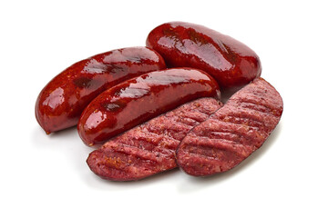 Grilled bratwurst Pork Sausages, close-up, isolated on white background.