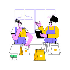 Restaurant preparing orders isolated cartoon vector illustrations. Waitresses in masks prepare online restaurant food orders for takeaway, quarantine curbside pickup service vector cartoon.