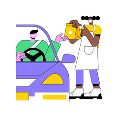 Getting order isolated cartoon vector illustrations. Waitress in mask gives order to customer, takeaway food and drinks, curbside pickup service, coronavirus pandemic times vector cartoon. - obrazy, fototapety, plakaty