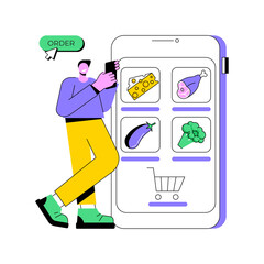 Making order online isolated cartoon vector illustrations. Young man holding phone in hands and buying food online, grocery shopping via internet, curbside pickup service vector cartoon. © Vector Juice