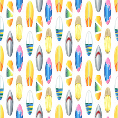 Different, bright surfboards, colorful. Watercolor illustration. Seamless pattern on white background from the SURFING collection. For decoration and design of summer, beach, sea.