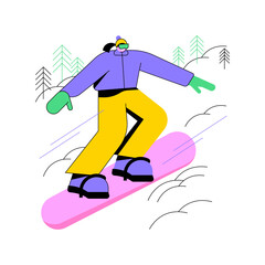 On the slope isolated cartoon vector illustrations. Young girl in helmet snowboarding on the slope alone, snowy weather, winter extreme sport, vacation time, outdoor activities vector cartoon.