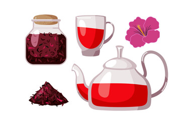 Refreshing hibiscus tea. Glass cup and teapot with tea, dry hibiscus petals, fresh flower. Full dry petal jar closed with cork. Delicious tea-party isolated on white background for party, menu, shop.