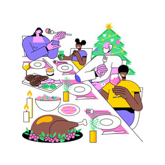 Christmas dinner isolated cartoon vector illustrations. Group of people celebrating Christmas together, lot of traditional food on the table, drink champagne, friends having fun vector cartoon.