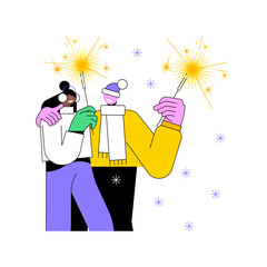 Happy New Year isolated cartoon vector illustrations. Young couple holding sparklers in hands and smiling, having fun together, New Year celebration, winter holidays mood vector cartoon.