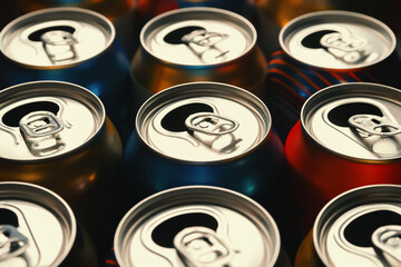 Beer cans. Aluminum cans. Close-up of many open empty cans. Recycling and reuse. Selective focus.