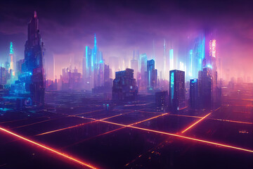 Fototapeta na wymiar Cyberpunk city with skyscrapers, futuristic cyberpunk cityscape in the background, sci-fi, future city, neon signs, night city, glowing neon lights, metropolis, digital painting, dramatic light