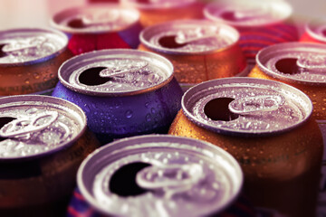 Beer cans. Aluminum cans. Close-up of many multicolored empty cans with condensation drops. Recycling and reuse. Selective focus.