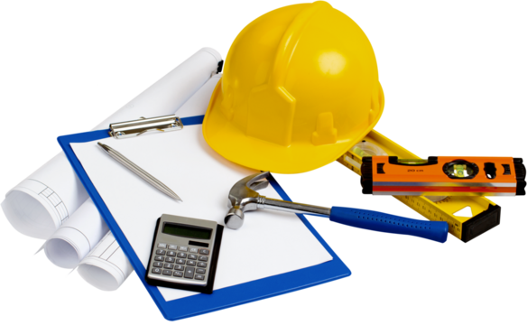 Construction Plans, Safety Helmet, Levels, Hammer, Pen, Calculator And Notepad - Isolated