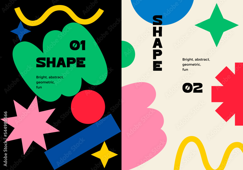 Poster Bright Creative Modern Posters with Colorful Geometric Shapes. Vector Banners in Memphis Style. Design with Various Shapes and Different Figures