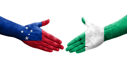 Handshake between Nigeria and Samoa flags painted on hands, isolated transparent image.