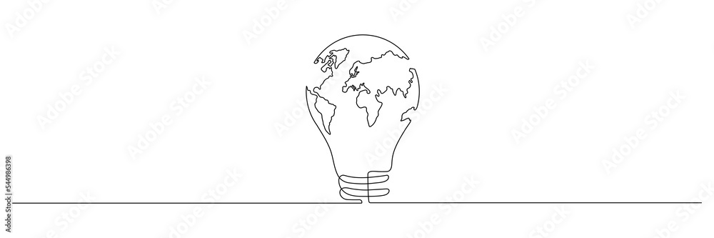 Wall mural Lightbulb with Earth map one continuous line drawing. Vector isolated on white background.