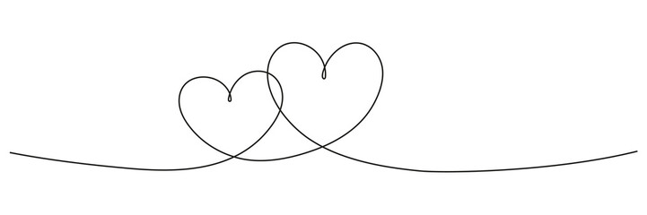Two hearts continuous line art drawing. Double heart wavy line. Vector illustration isolated on white.