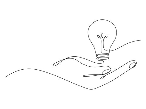 Lightbulb on hand one continuous line drawing. Electric lamp. Brainstorm linear symbol. Vector isolated on white.