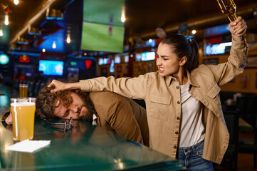 Unhappy and angry fans fighting at sport bar