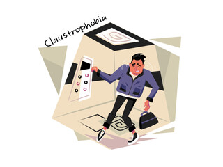 Claustrophobia. Man is closed in elevator and is having a panic attack. Fear of confined space. Vector illustration - obrazy, fototapety, plakaty
