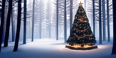 Christmas tree on a snowy forest illustration concept art