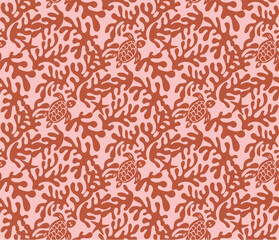 Abstract Hand Drawn Corals Sea Turtles Exotic Minimal Ocean Swimwear Seamless Pattern Perfect for Allover Fabric Print Monochrome Stylish Elegant Design