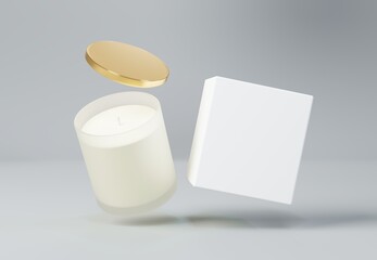Frosted glass jar candle with gold lid and box 3D render mockup