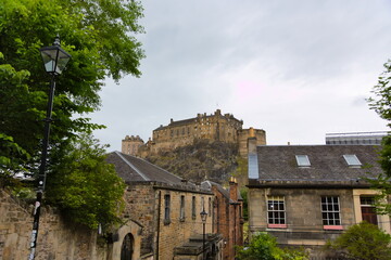 Cityscape of Edinburgh including the castle on an overcast day