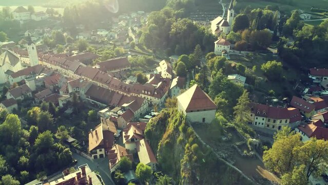 Aerial view of small historic city center of Kamnik in Slovenia