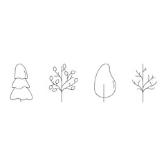 All seasons in the trees set. Vector hand draw black line design elements in doodle style