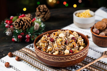 Traditional Christmas kutia. Kutya Ukrainian. Boiled wheat porridge. Slavic holiday ritual dish....