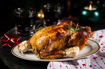 Roasted Turkey. Christmas table served with chicken, decorated with christmas decor and candles. Roasted chicken, table setting. Christmas dinner. New Year dinner.