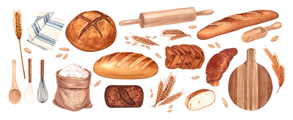 Watercolor set kitchen tools and bread. Buns, baguettes, bread, pastries, and other baked goods. Concept for a bakery or cafe. Background for your design: restaurant menu element, recipe cooking book.