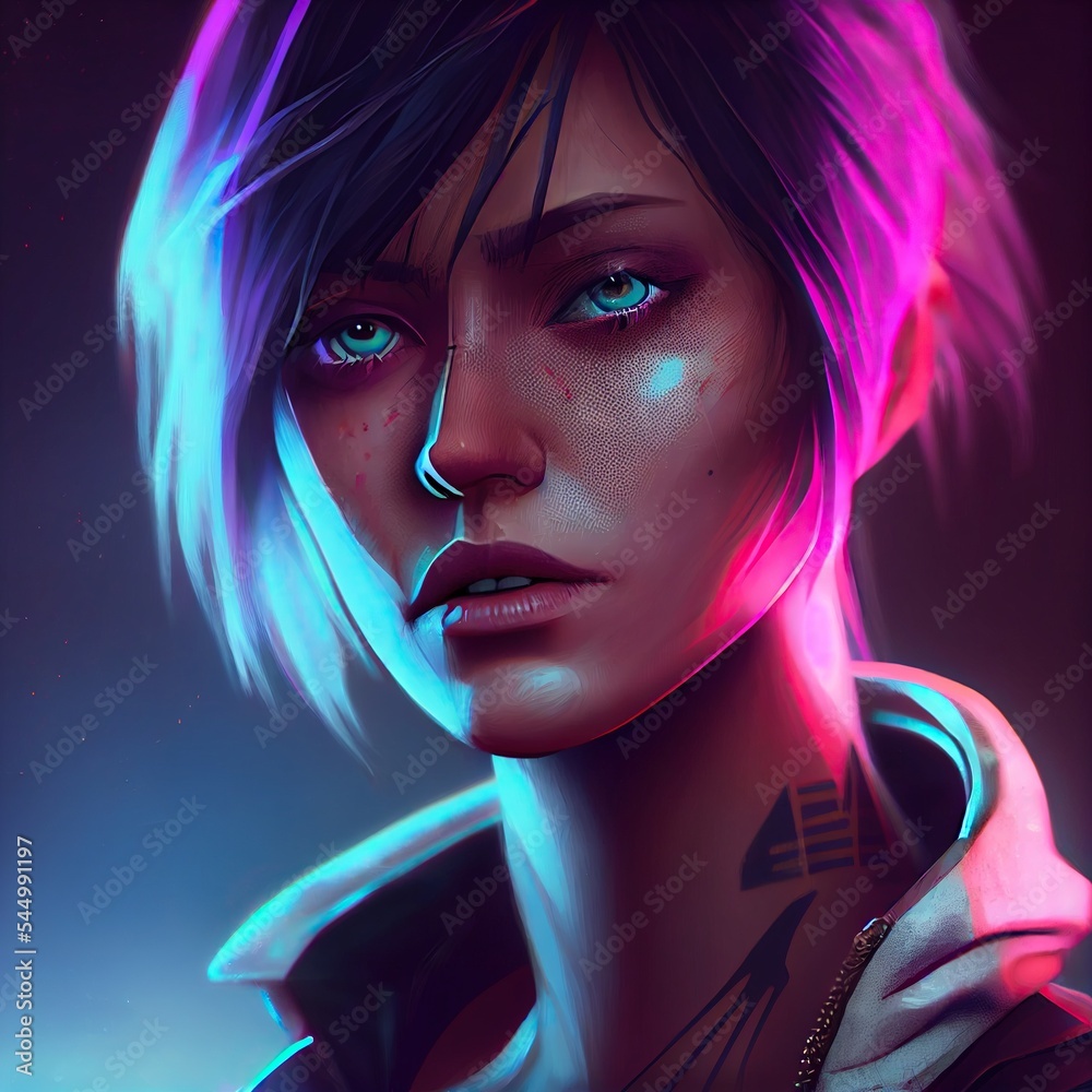 Wall mural Female cyberpunk avatar portrait, woman  with tattoo, pink purple hair, blue eyes. Generative AI.