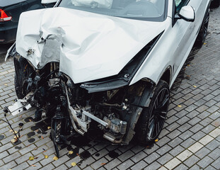 Total accident of a white car after hitting a lamppost. Frontal collision. Deployed airbags during rescues.