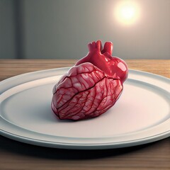 Human heart on a white plate, concept digital art