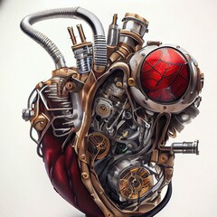 Mechanical engine heart, steampunk technology, red and silver and gold
