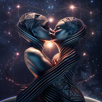Star crossed lovers in the night, lesbian universal love. Sculpture female women starry night, shaped like heart.