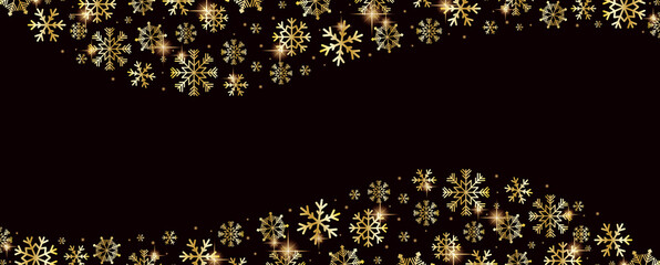 Merry Christmas and Happy New Year greeting card design with golden stars and snowflakes decorated on Christmas background for banner, poster or cards. Beautiful Christmas background.