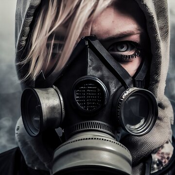 Portrait of a blonde person in gas mask, digitally generated 3d render