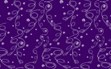 Christmas holiday seamless pattern with outline serpentine ribbons on dark violet, Greeting card, gift packaging., wrapping paper. Naive baby scrabble style collection for happy new year. 