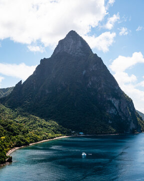 Soufriere, Saint Lucia - 10-16-2022: Vertical Drone Photo Of The Petit Piton Volcano.