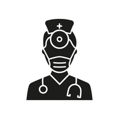 Otolaryngologist Doctor Silhouette Icon. Otolaryngology Medic Staff with Stethoscope, Mirror Glyph Black Pictogram. Ear, Nose, Throat Doctor Icon. Isolated Vector Illustration