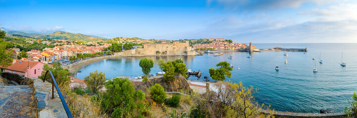 Fototapeta na wymiar Collioure harbor and city seen from La Glorieta viewpoint in France