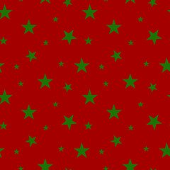 seamless pattern of stars. Green stars on a Red background. Vector. textile, background, packaging, printing, website.