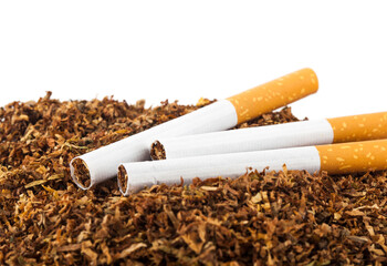 Cigarettes and tobacco isolated on white background.