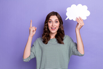 Photo of excited crazy lady hold paper card arm direct empty space information news forecast...